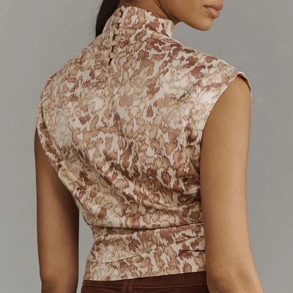 Anthropologie Blouse Mock Neck Draped Cream and Brown Patterned SIZE XL NEW - Picture 2 of 10